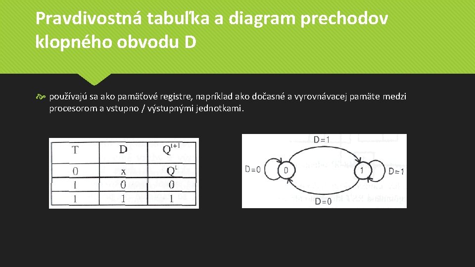 Pravdivostná tabuľka a diagram prechodov klopného obvodu D používajú sa ako pamäťové registre, napríklad Pravdivostná tabuľka a diagram prechodov klopného obvodu D používajú sa ako pamäťové registre, napríklad