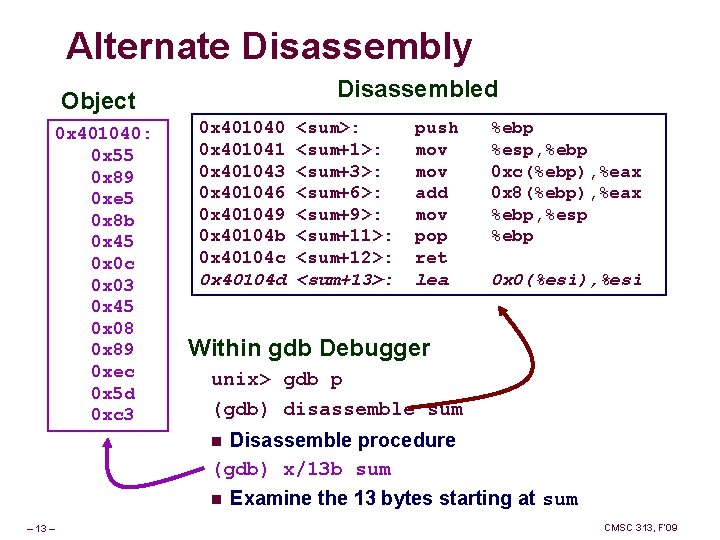 Alternate Disassembly Disassembled Object 0 x 401040: 0 x 55 0 x 89 0