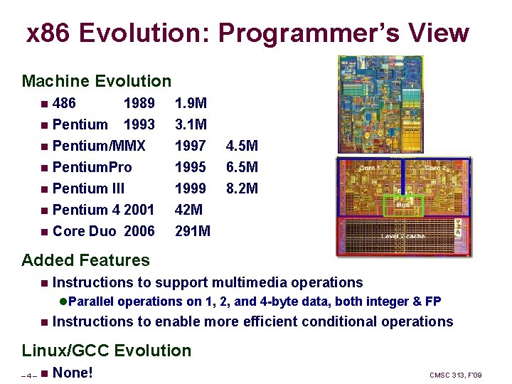 x 86 Evolution: Programmer’s View Machine Evolution 1989 1. 9 M Pentium 1993 n