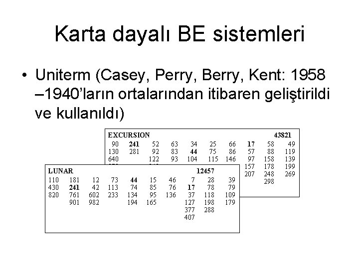 Karta dayalı BE sistemleri • Uniterm (Casey, Perry, Berry, Kent: 1958 – 1940’ların ortalarından