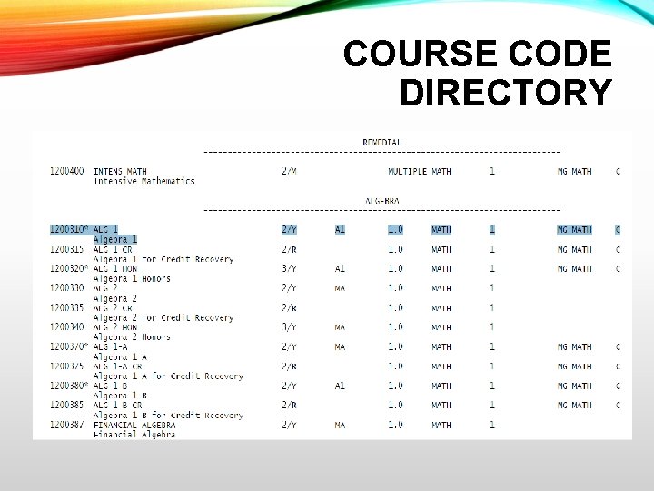 COURSE CODE DIRECTORY 