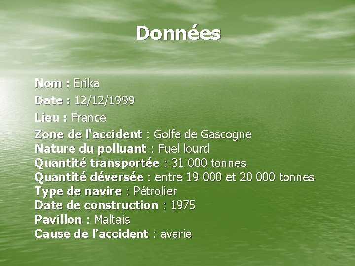 Données Nom : Erika Date : 12/12/1999 Lieu : France Zone de l'accident :