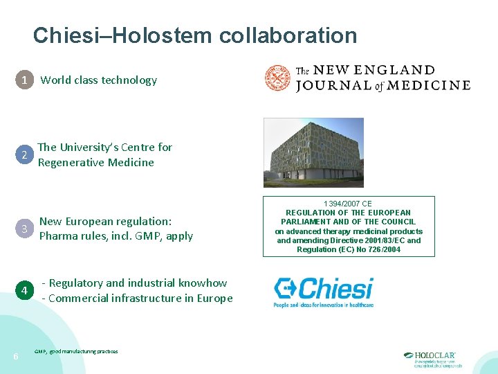 Chiesi–Holostem collaboration 1 World class technology 2 6 The University’s Centre for Regenerative Medicine