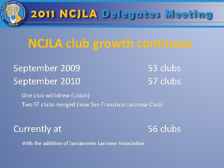 NCJLA club growth continues September 2009 September 2010 53 clubs 57 clubs One club