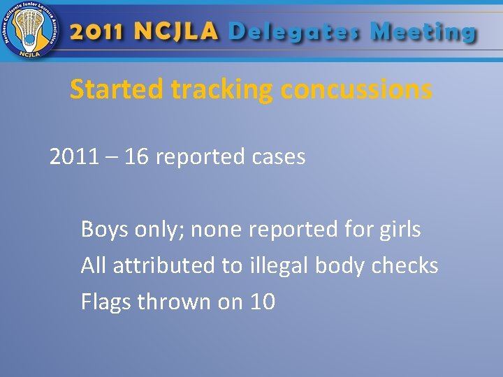 Started tracking concussions 2011 – 16 reported cases Boys only; none reported for girls