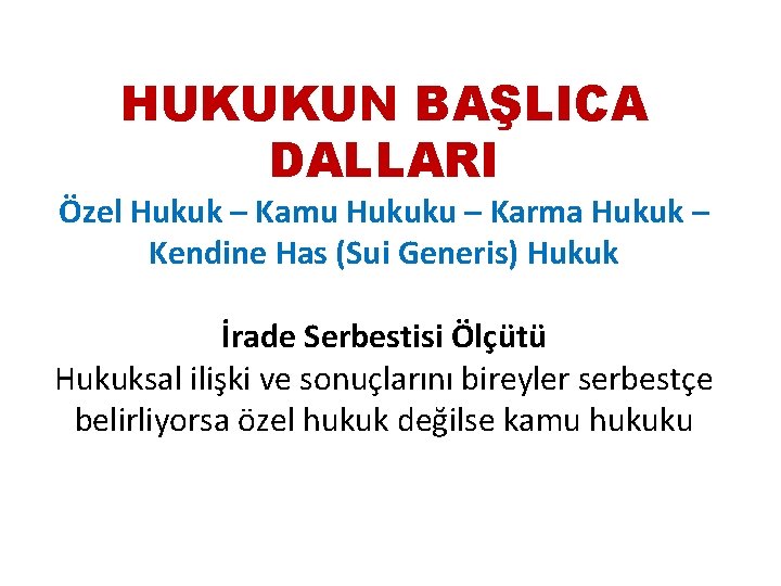 HUKUKUN BAŞLICA DALLARI Özel Hukuk – Kamu Hukuku – Karma Hukuk – Kendine Has