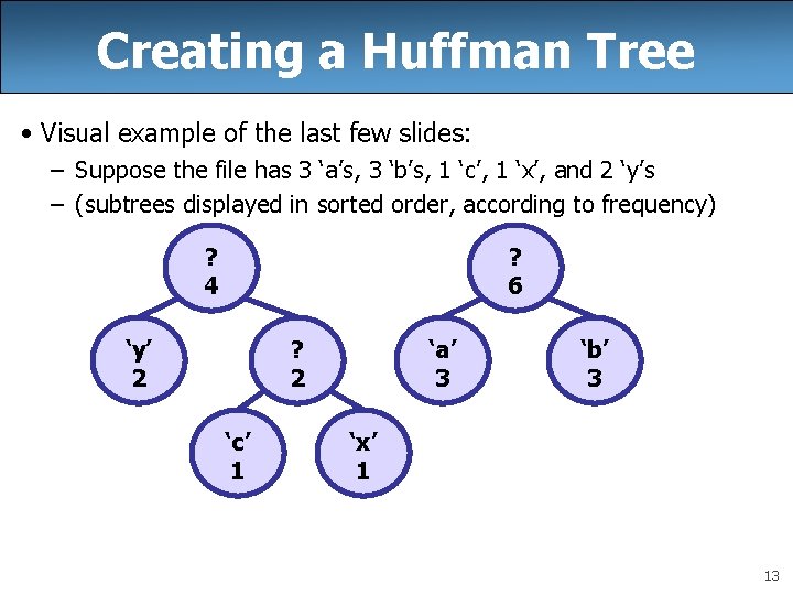 Creating a Huffman Tree • Visual example of the last few slides: – Suppose Creating a Huffman Tree • Visual example of the last few slides: – Suppose