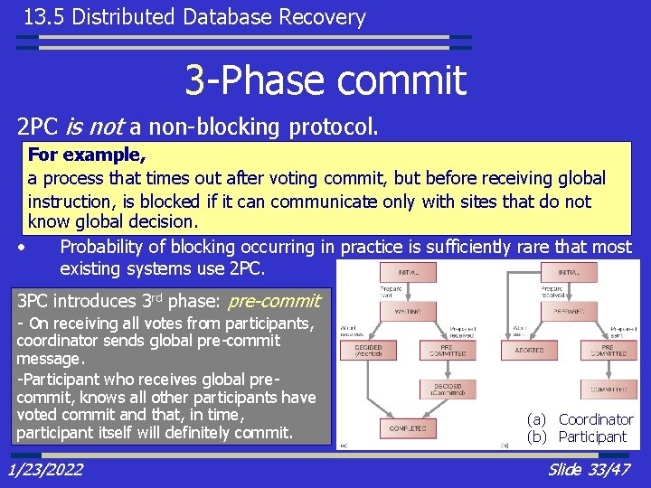 13. 5 Distributed Database Recovery 3 -Phase commit 2 PC is not a non-blocking