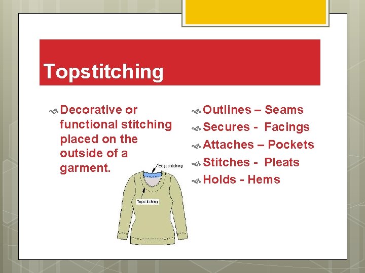 Topstitching Decorative or functional stitching placed on the outside of a garment. Outlines –