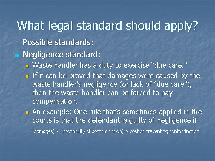 What legal standard should apply? n Possible standards: Negligence standard: n n n Waste