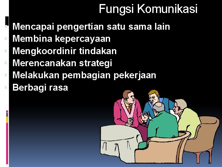 Fungsi Komunikasi Mencapai pengertian satu sama lain Membina kepercayaan Mengkoordinir tindakan Merencanakan strategi Melakukan Fungsi Komunikasi Mencapai pengertian satu sama lain Membina kepercayaan Mengkoordinir tindakan Merencanakan strategi Melakukan