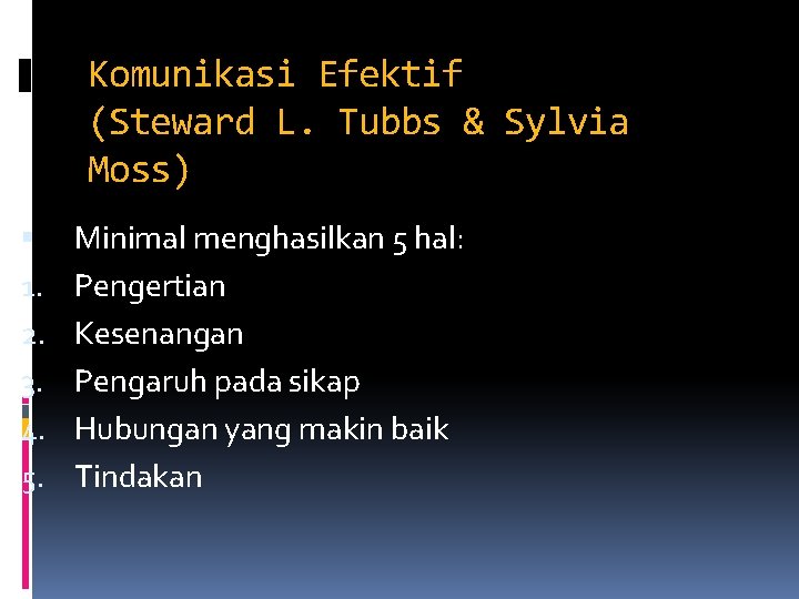 Komunikasi Efektif (Steward L. Tubbs & Sylvia Moss) 1. 2. 3. 4. 5. Minimal Komunikasi Efektif (Steward L. Tubbs & Sylvia Moss) 1. 2. 3. 4. 5. Minimal