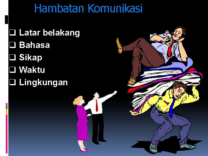 Hambatan Komunikasi q q q Latar belakang Bahasa Sikap Waktu Lingkungan Hambatan Komunikasi q q q Latar belakang Bahasa Sikap Waktu Lingkungan