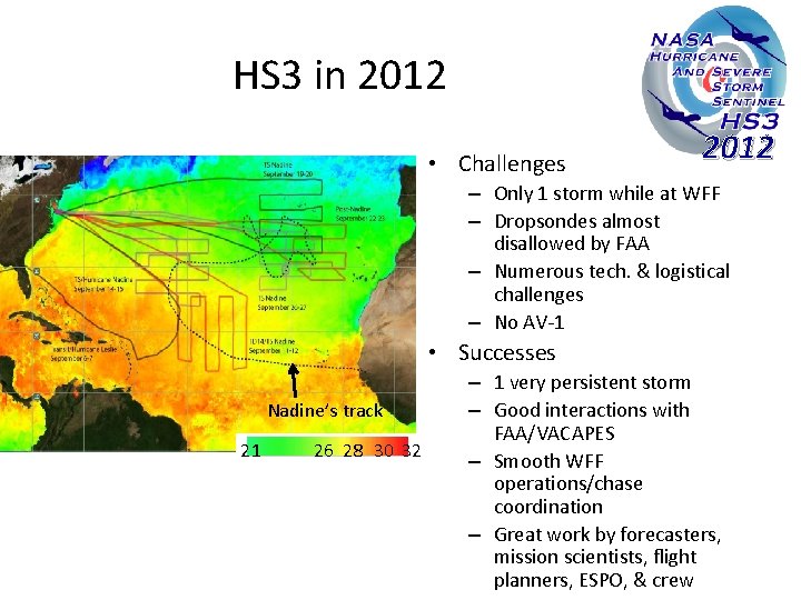 HS 3 in 2012 • Challenges 2012 – Only 1 storm while at WFF