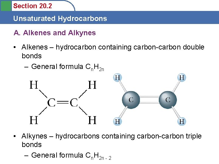 Section 20. 2 Unsaturated Hydrocarbons A. Alkenes and Alkynes • Alkenes – hydrocarbon containing