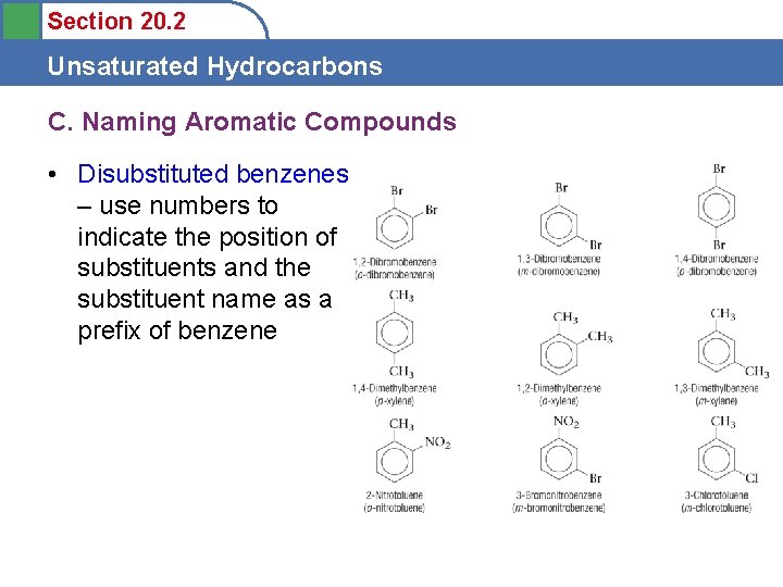 Section 20. 2 Unsaturated Hydrocarbons C. Naming Aromatic Compounds • Disubstituted benzenes – use