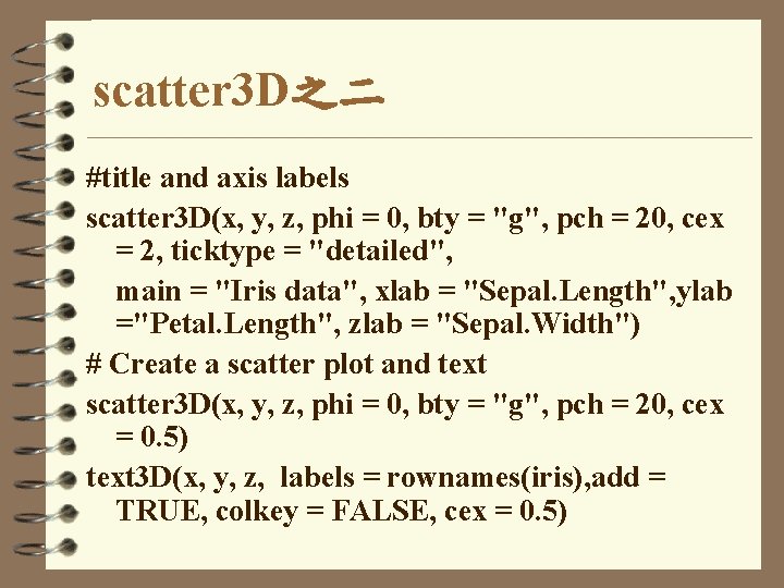 scatter 3 D之二 #title and axis labels scatter 3 D(x, y, z, phi =