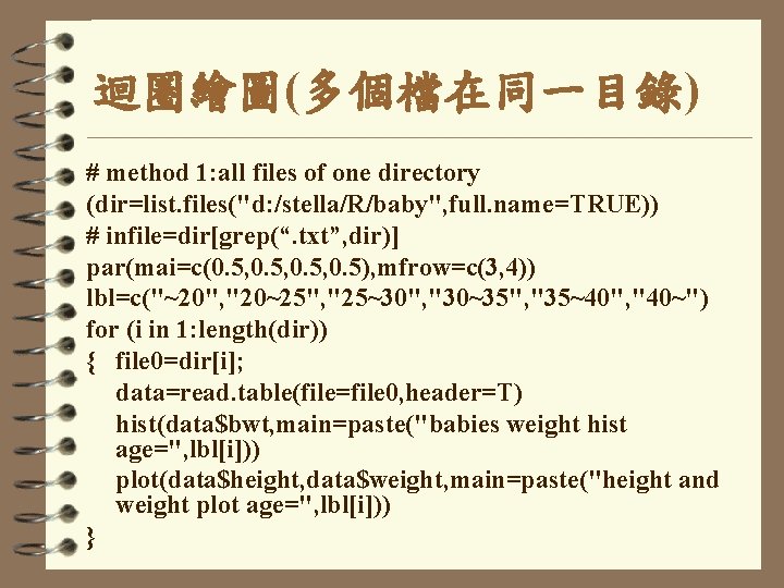 迴圈繪圖(多個檔在同一目錄) # method 1: all files of one directory (dir=list. files("d: /stella/R/baby", full. name=TRUE))
