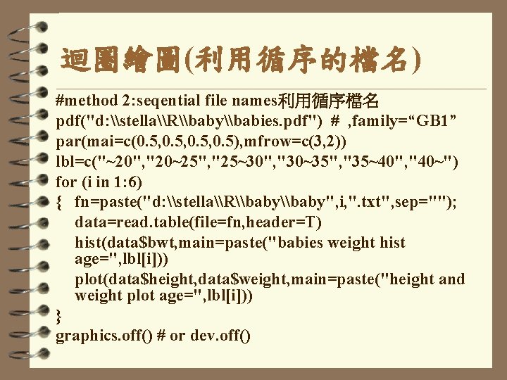 迴圈繪圖(利用循序的檔名) #method 2: seqential file names利用循序檔名 pdf("d: \stella\R\baby\babies. pdf") # , family=“GB 1” par(mai=c(0.