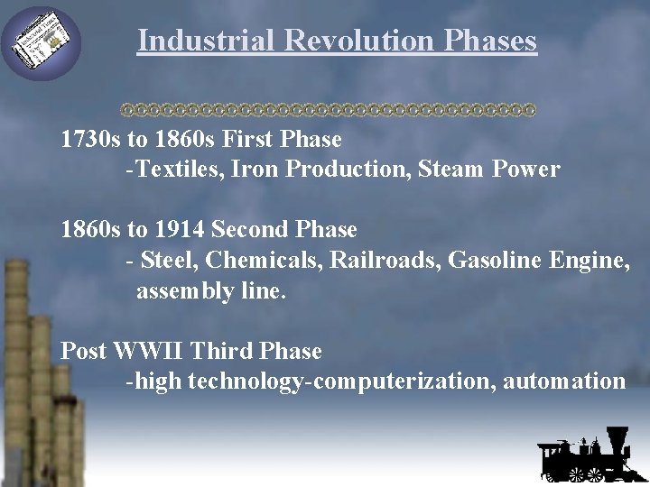 Industrial Revolution Phases 1730 s to 1860 s First Phase -Textiles, Iron Production, Steam
