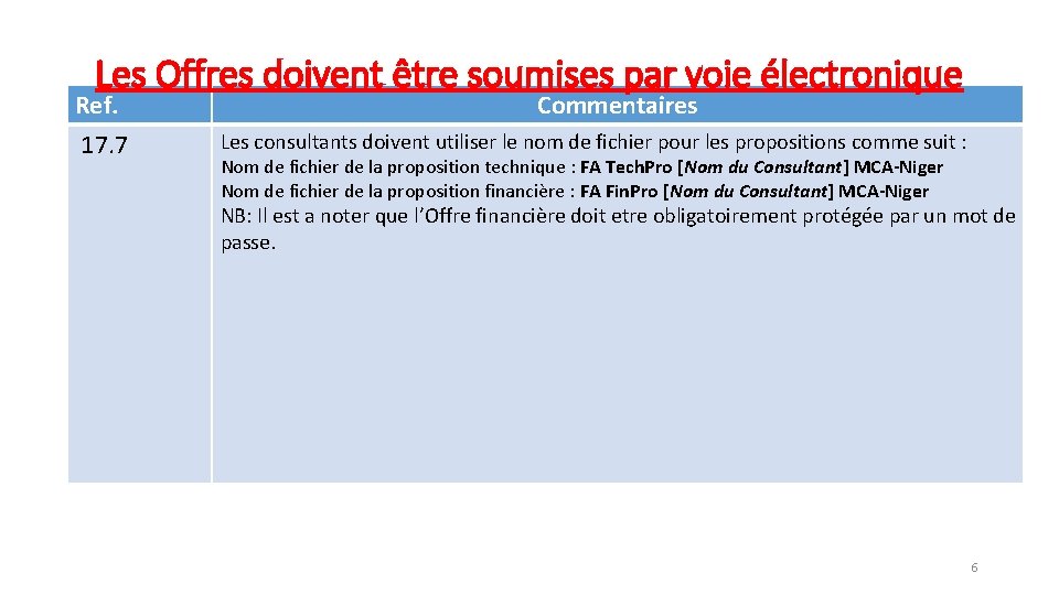 Les Offres doivent être soumises par voie électronique Ref. 17. 7 Commentaires Les consultants