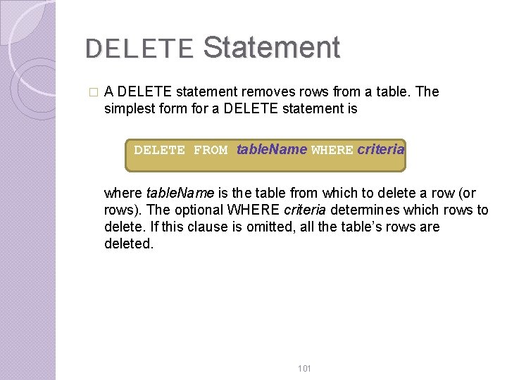 DELETE Statement � A DELETE statement removes rows from a table. The simplest form DELETE Statement � A DELETE statement removes rows from a table. The simplest form