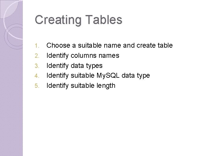 Creating Tables 1. 2. 3. 4. 5. Choose a suitable name and create table Creating Tables 1. 2. 3. 4. 5. Choose a suitable name and create table