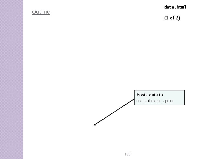 data. html Outline (1 of 2) Posts data to database. php 128 data. html Outline (1 of 2) Posts data to database. php 128