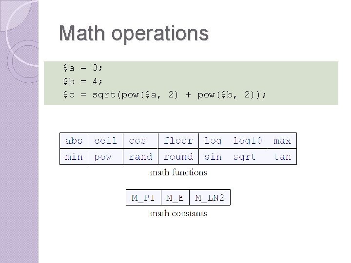 Math operations $a = 3; $b = 4; $c = sqrt(pow($a, 2) + pow($b, Math operations $a = 3; $b = 4; $c = sqrt(pow($a, 2) + pow($b,