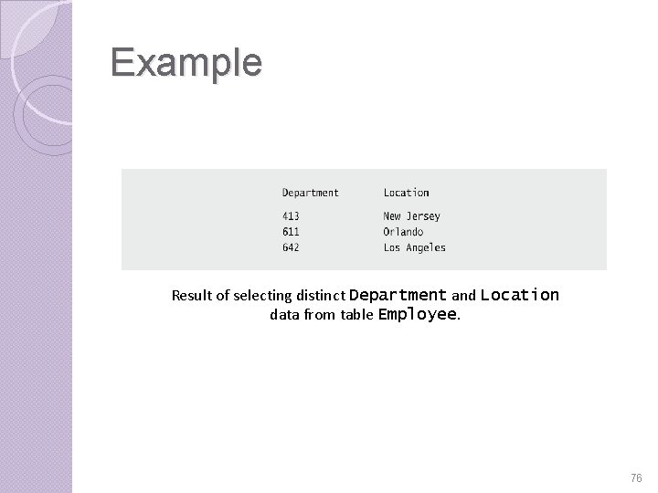 Example Result of selecting distinct Department and Location data from table Employee. 76 Example Result of selecting distinct Department and Location data from table Employee. 76