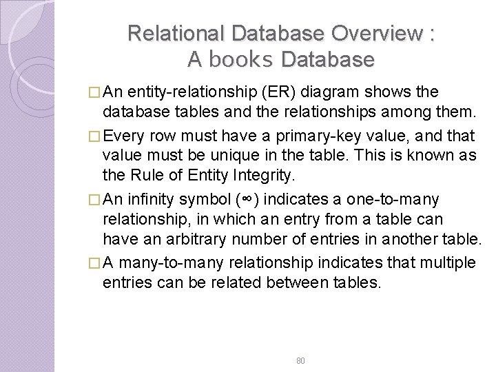 Relational Database Overview : A books Database � An entity-relationship (ER) diagram shows the Relational Database Overview : A books Database � An entity-relationship (ER) diagram shows the