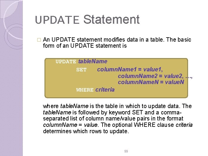 UPDATE Statement � An UPDATE statement modifies data in a table. The basic form UPDATE Statement � An UPDATE statement modifies data in a table. The basic form