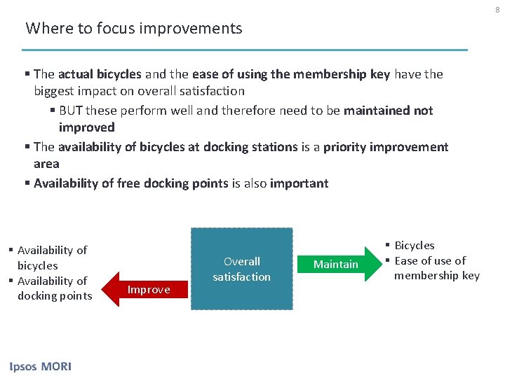 8 Where to focus improvements § The actual bicycles and the ease of using