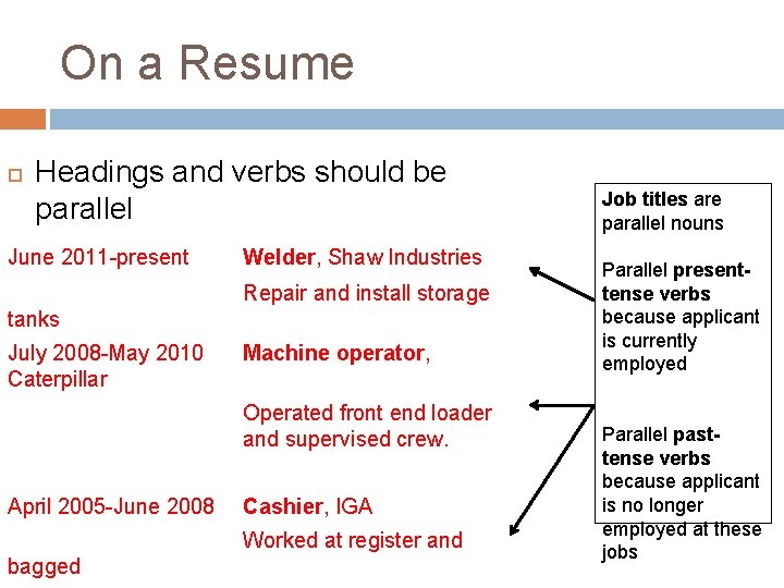 On a Resume Headings and verbs should be parallel June 2011 -present Welder, Shaw