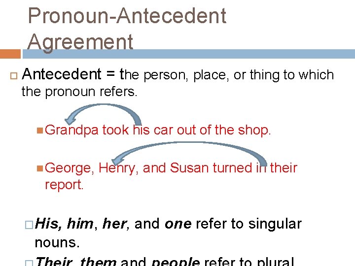 Pronoun-Antecedent Agreement Antecedent = the person, place, or thing to which the pronoun refers.
