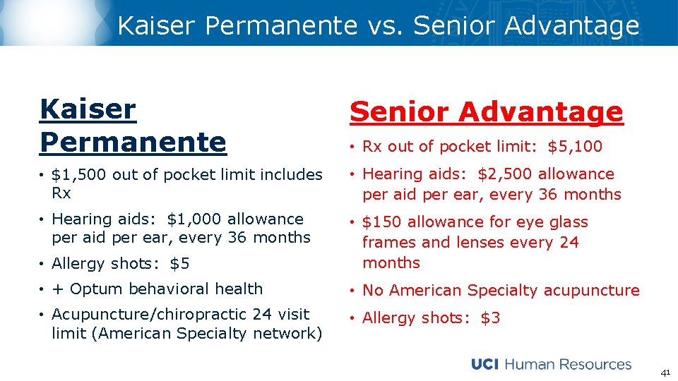 Kaiser Permanente vs. Senior Advantage Kaiser Permanente Senior Advantage • $1, 500 out of