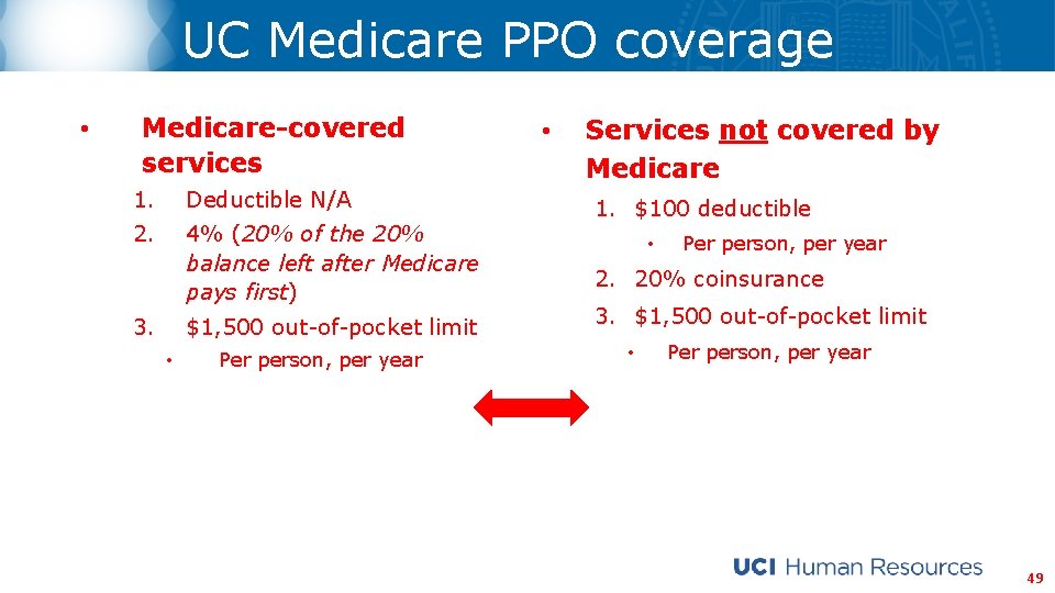 UC Medicare PPO coverage • Medicare-covered services 1. Deductible N/A 2. 4% (20% of