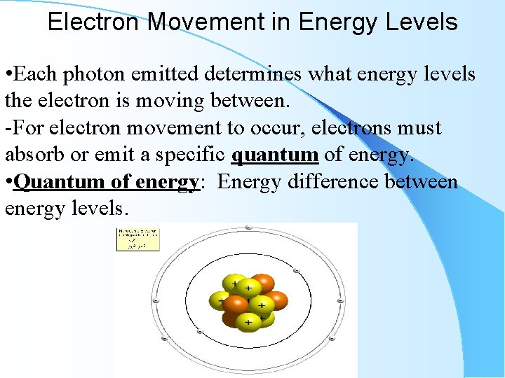 Electron Movement in Energy Levels • Each photon emitted determines what energy levels the