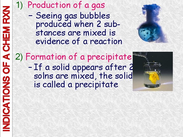 INDICATIONS OF A CHEM RXN 1) Production of a gas − Seeing gas bubbles