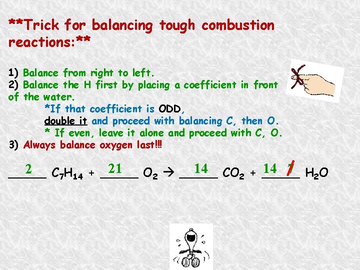 **Trick for balancing tough combustion reactions: ** 1) Balance from right to left. 2)