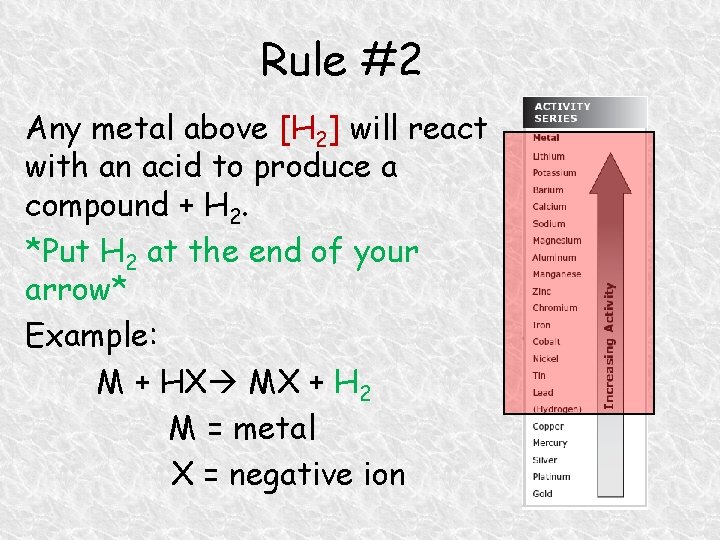 Rule #2 Any metal above [H 2] will react with an acid to produce
