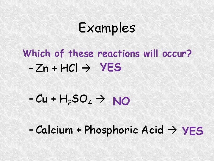 Examples Which of these reactions will occur? – Zn + HCl YES – Cu