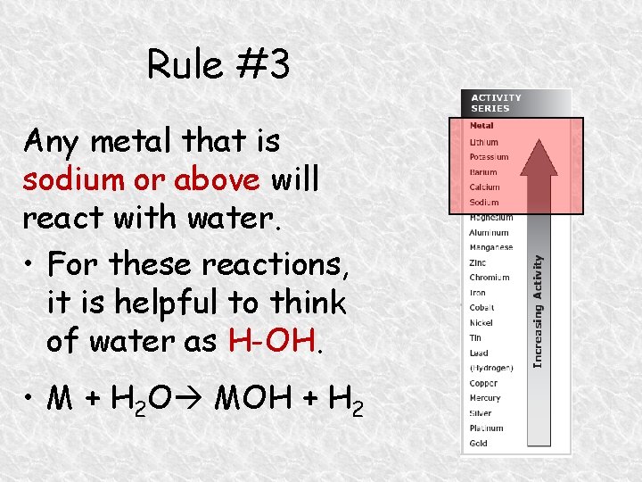Rule #3 Any metal that is sodium or above will react with water. •