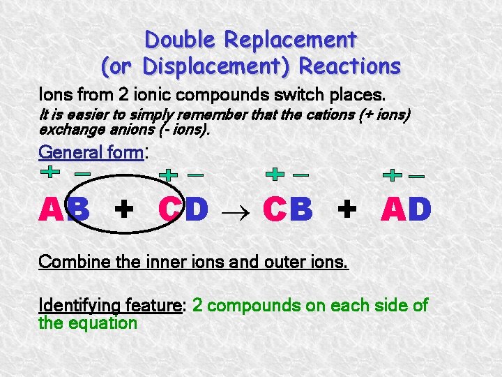 Double Replacement (or Displacement) Reactions Ions from 2 ionic compounds switch places. It is