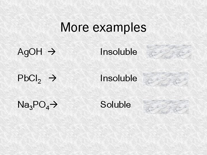 More examples Ag. OH Insoluble Pb. Cl 2 Insoluble Na 3 PO 4 Soluble