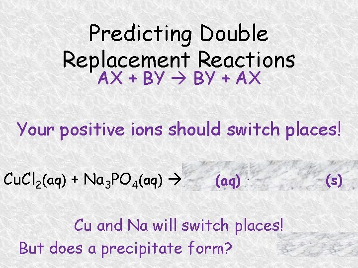 Predicting Double Replacement Reactions AX + BY + AX Your positive ions should switch
