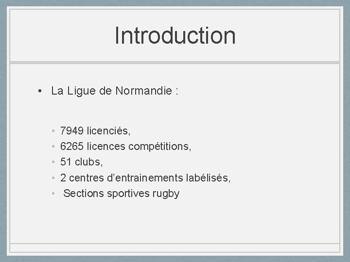 Introduction • La Ligue de Normandie : • • • 7949 licenciés, 6265 licences