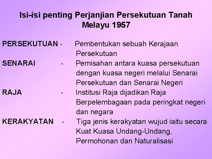 Isi-isi penting Perjanjian Persekutuan Tanah Melayu 1957 PERSEKUTUAN SENARAI - RAJA - KERAKYATAN -