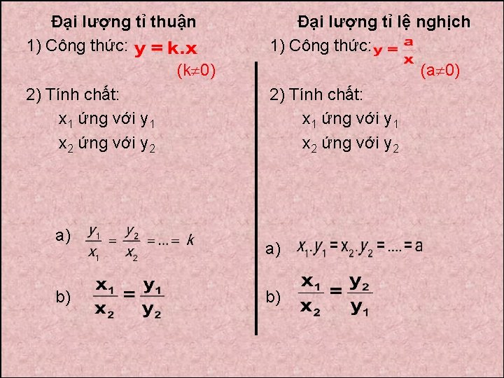 Đại lượng tỉ thuận 1) Công thức: (k 0) 2) Tính chất: x 1