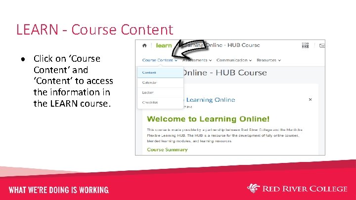 LEARN - Course Content ● Click on ‘Course Content’ and ‘Content’ to access the